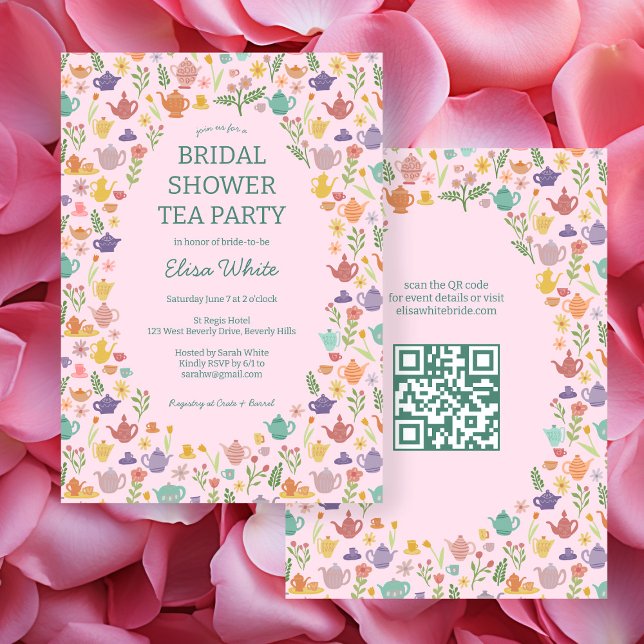 Invitación Fiesta de té Ducha de novia Cuidada PERSONALIZADO  (Tea Party Bridal Shower Cute CUSTOM QR Code Invitation
)