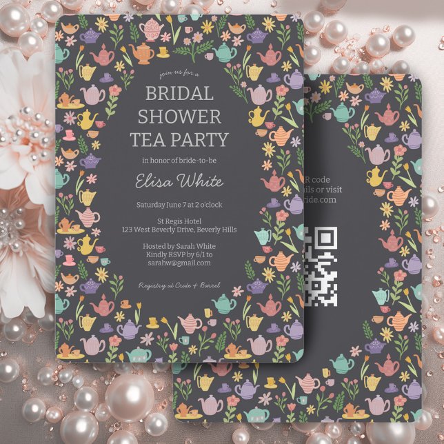 Invitación Fiesta de té Ducha de novia Cuidada PERSONALIZADO  (Tea Party Bridal Shower Cute CUSTOM QR Code Invitation
)