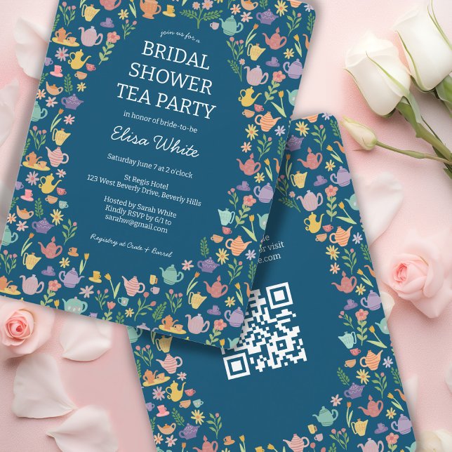 Invitación Fiesta de té Ducha de novia Cuidada PERSONALIZADO  (Tea Party Bridal Shower Cute CUSTOM QR Code Invitation
)