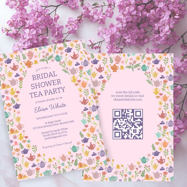 Invitación Fiesta de té Ducha de novia Cuidada PERSONALIZADO  (Tea Party Bridal Shower Cute CUSTOM QR Code Invitation
)