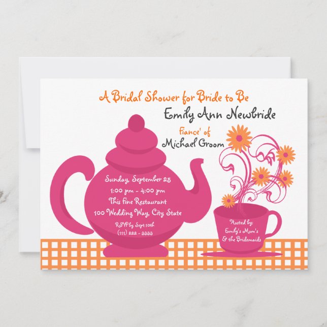 Invitación Fiesta de té ducha de novia rosa y Naranja (Anverso)