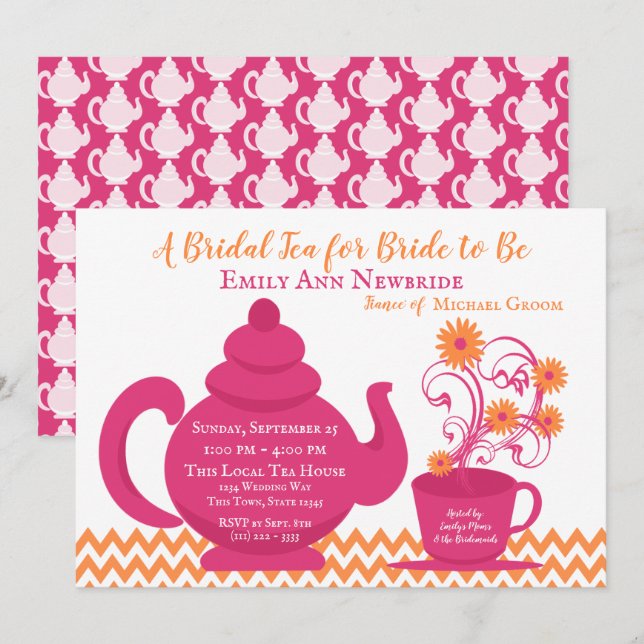 Invitación Fiesta de té ducha de novia rosa y Naranja (Anverso / Reverso)