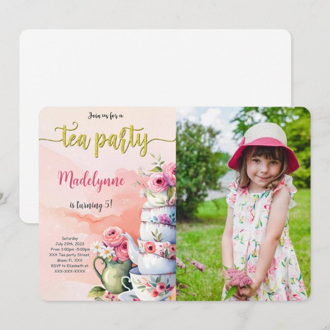 Invitación Fiesta de té editable Foto de cumpleaños (Anverso / Reverso)
