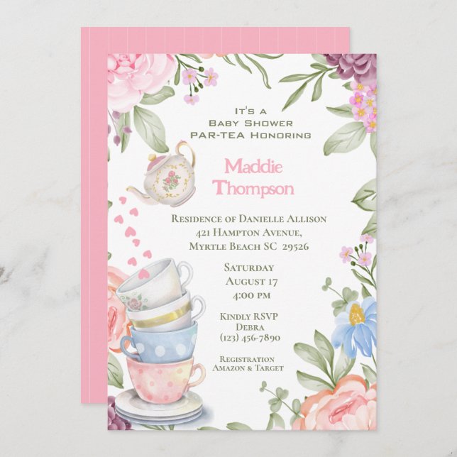 Invitación Fiesta de té elegante Baby Shower verde rosa (Anverso / Reverso)