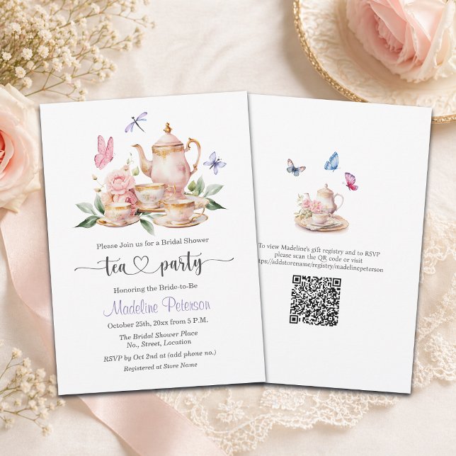 Invitación Fiesta de té elegante código QR mariposa despedida (Subido por el creador)