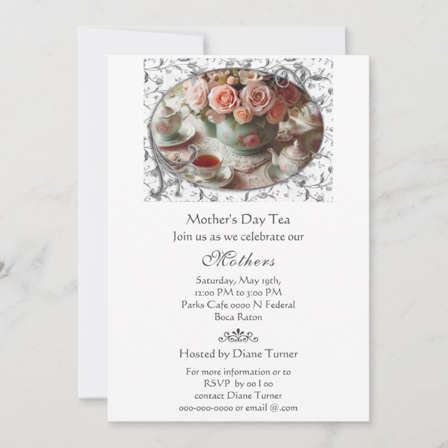 Invitación Fiesta de té elegante del Día de la Madre (Anverso)