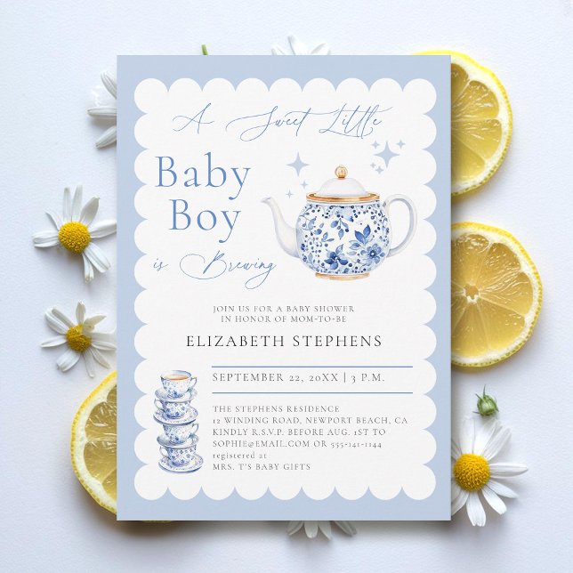 Invitación Fiesta De Té Elegante Moderno Dulce Bebé Ducha (boy baby tea party shower invitation elegant frame modern calligraphy sweet watercolor)
