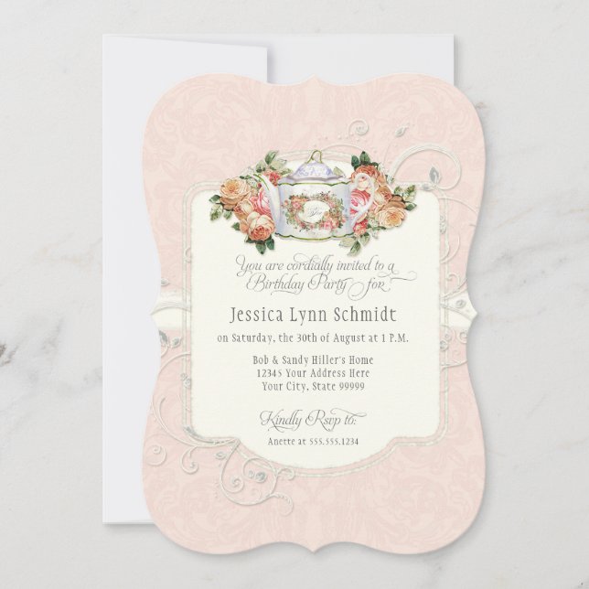 Invitación Fiesta de té Fiesta de cumpleaños acuarela Rosas e (Anverso)