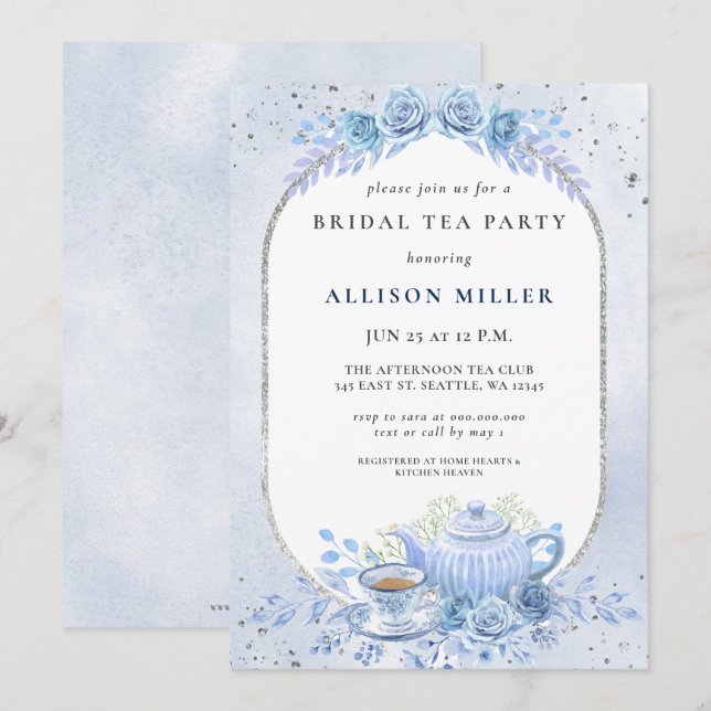 Invitación Fiesta de té floral azul rustico ducha de novia (Anverso / Reverso)