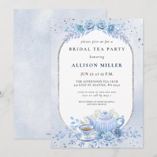 Invitación Fiesta de té floral azul rustico ducha de novia