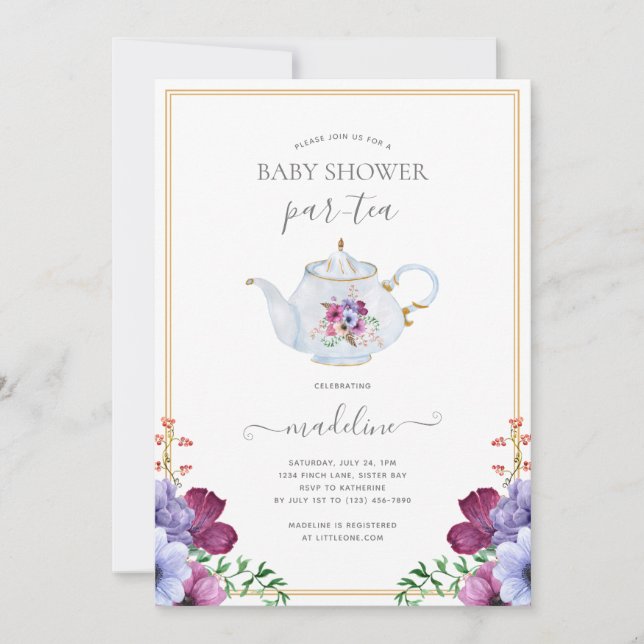 Invitación Fiesta de té floral Baby Shower (Anverso)