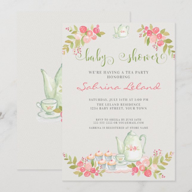 Invitación Fiesta de té floral Baby Shower (Anverso / Reverso)