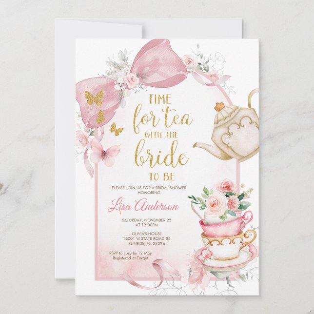 Invitación Fiesta de té floral con lazo rosa Despedida de sol (Anverso)