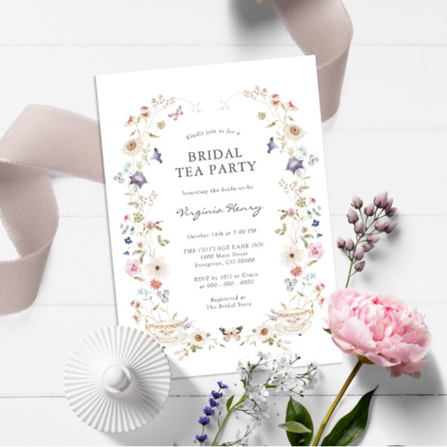 Invitación Fiesta de té floral de boda (Wildflower Tea Party Bridal Shower Wedding Invitation with Butterfly by Painted Paperie)