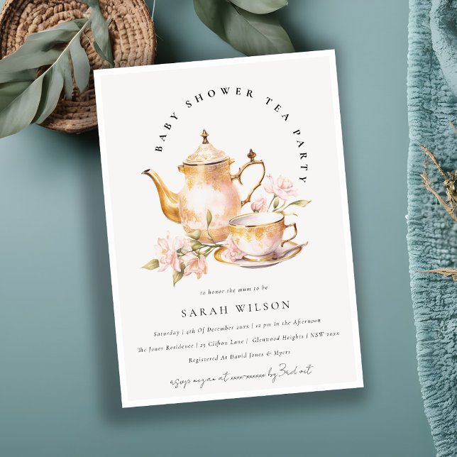 Invitación Fiesta de té floral de oro rosado Baby Shower Tea  (Subido por el creador)