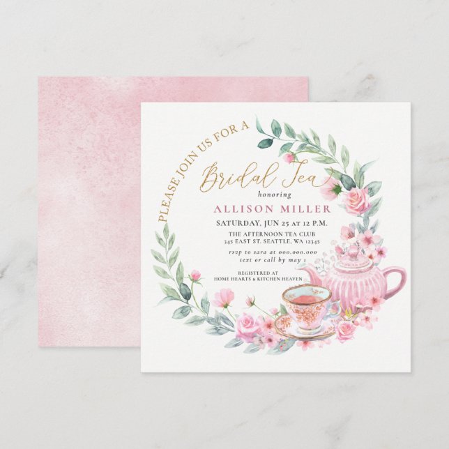 Invitación Fiesta de té floral de rosas doradas  de novia (Anverso / Reverso)