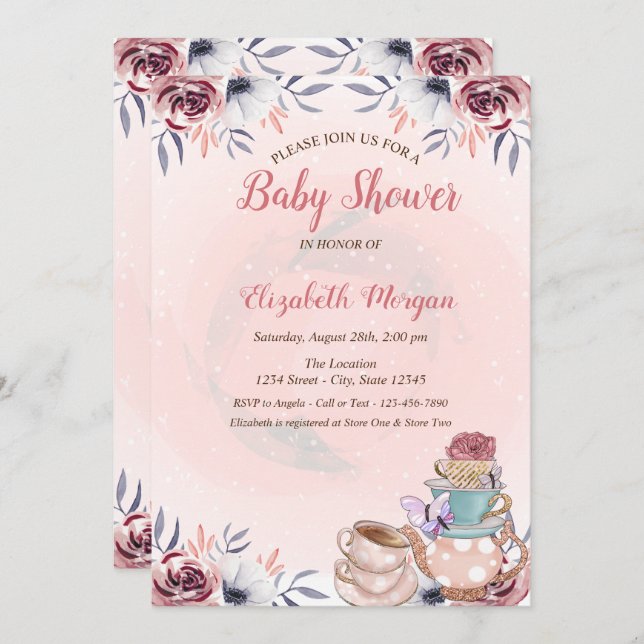 Invitación Fiesta de té floral de teapot lindo Baby Shower (Anverso / Reverso)