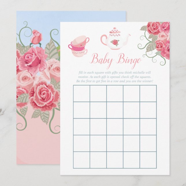 Invitación Fiesta de té floral rosa Baby Shower Bingo bebé (Anverso / Reverso)