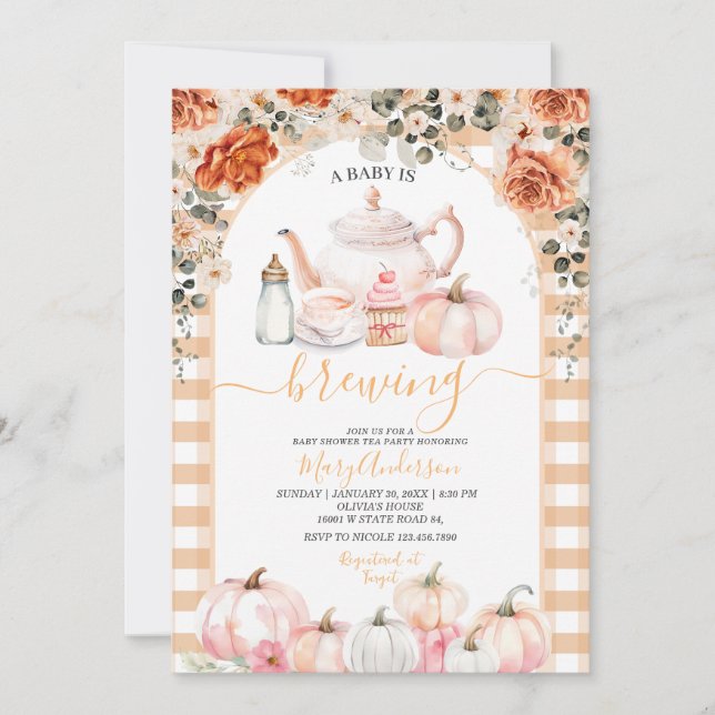Invitación Fiesta de té floral rosado para otoño Baby Shower (Anverso)