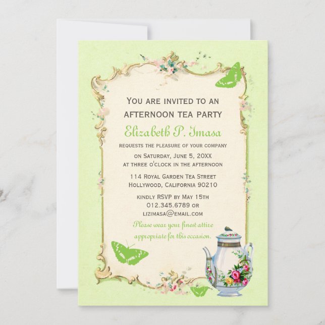 Invitación Fiesta de té francés de época verde (Anverso)