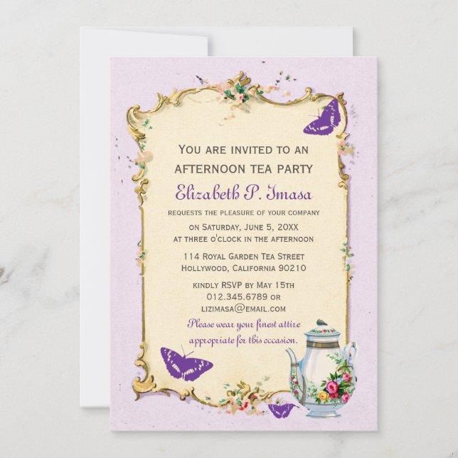 Invitación Fiesta de té francés morado (Anverso)