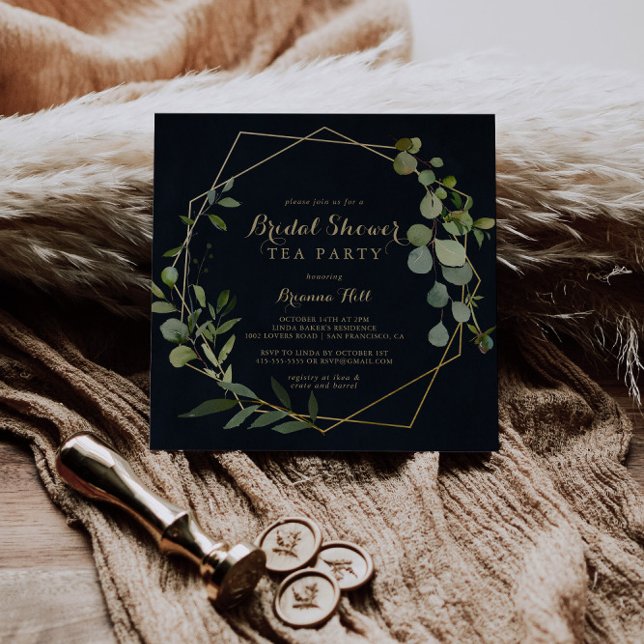 Invitación Fiesta de té geométrico oro azul verde azul de nov (Subido por el creador)
