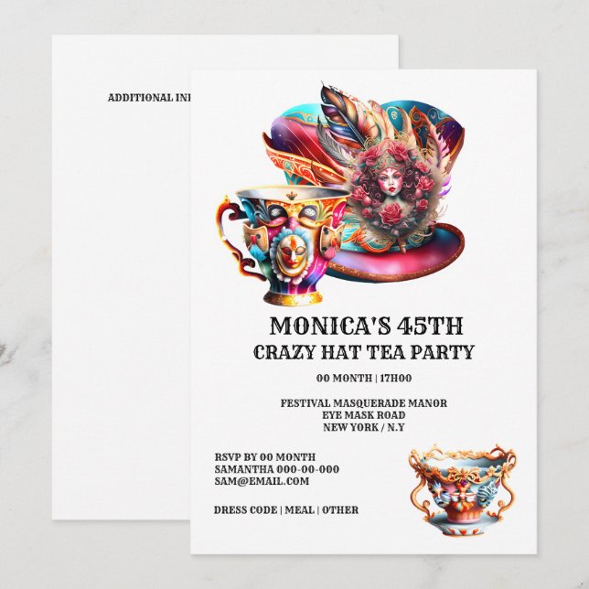 Invitación fiesta de té gorra festival fiesta de máscaras muj (Anverso / Reverso)