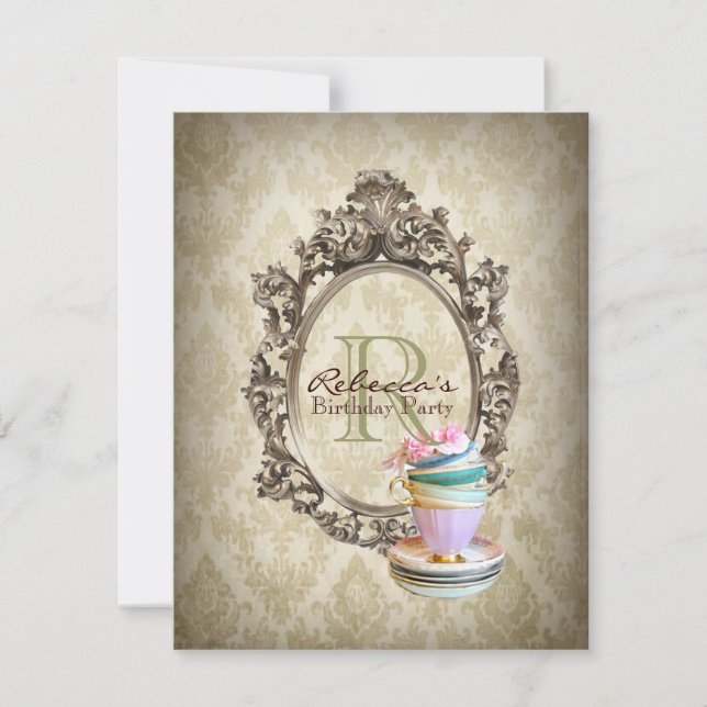 Invitación fiesta de té inglés victoriano floral cupcake (Anverso)