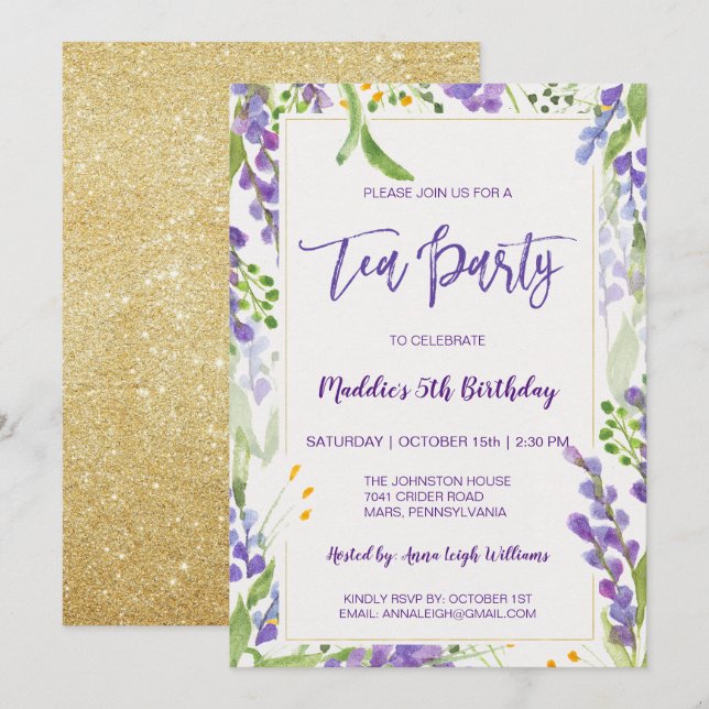 Invitación Fiesta de té Lavender Floral & Gold Chica de cumpl (Anverso / Reverso)