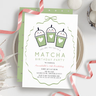 Invitación Fiesta de té Matcha Cumpleaños de niña con marco d