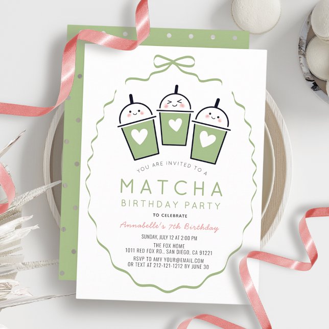 Invitación Fiesta de té Matcha Cumpleaños de niña con marco d (Subido por el creador)