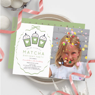 Invitación Fiesta de té Matcha Cumpleaños lazo kawaii niña Fo