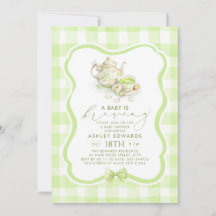 Fiesta de té matcha para baby shower neutral en gé