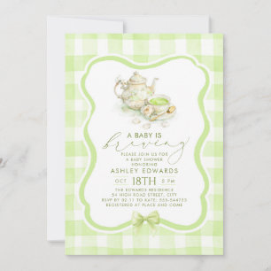 Invitación Fiesta de té matcha para baby shower neutral en gé