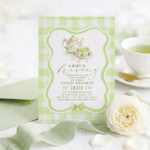 Invitación Fiesta de té matcha para baby shower neutral en gé