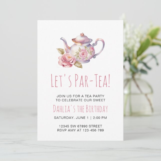 Invitación Fiesta de té moderno cumpleaños Princesa Tea Fiest (Anverso de pie)