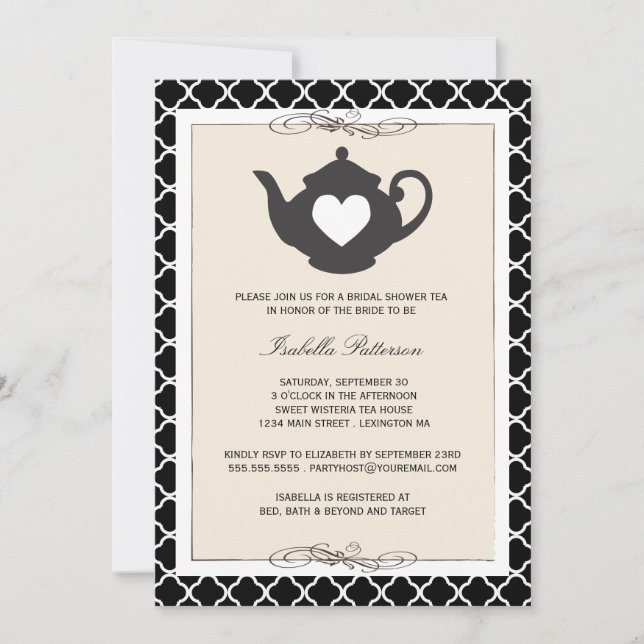 Invitación Fiesta de té negro de tetera de Moda con ducha de  (Anverso)