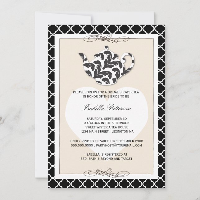 Invitación Fiesta de té negro de tetera de Moda con ducha de  (Anverso)