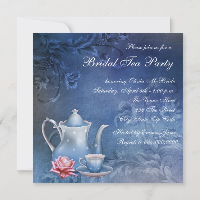 Invitación Fiesta de té nupcial azul (Reverso)