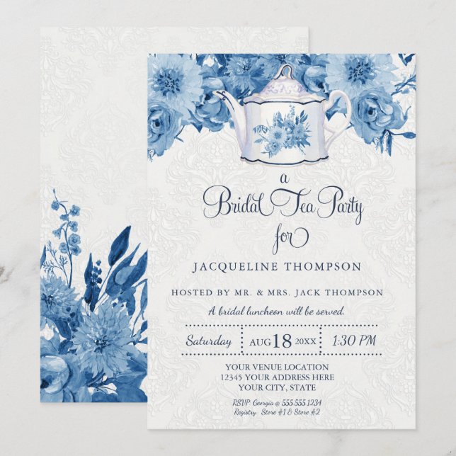 Invitación Fiesta de té nupcial azul Floral azul arte de tete (Anverso / Reverso)
