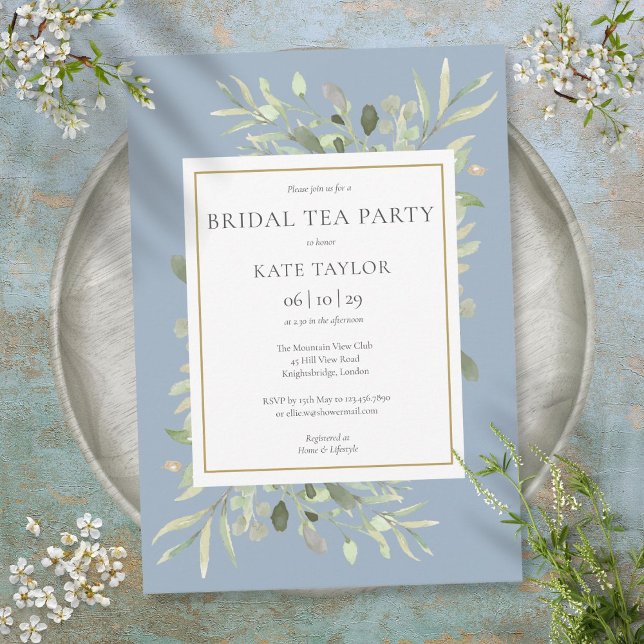 Invitación Fiesta de té nupcial azul polvoriento con acuarela (Subido por el creador)