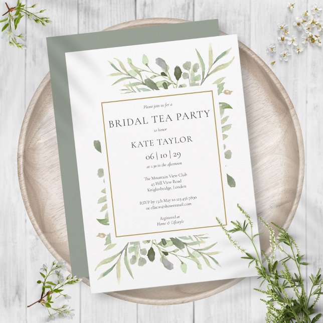 Invitación Fiesta de té nupcial chic con verde acuarela y dor (Watercolor Greenery Chic Gold Bridal Tea Party Invitation)