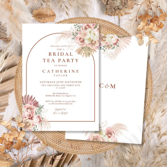 Invitación Fiesta de té nupcial con arco de terracota y hierb (Pampas Grass Terracotta Arch Bridal Tea Party Invitation)