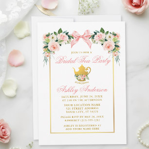 Invitación Fiesta de té nupcial con lazo floral rosa acuarela