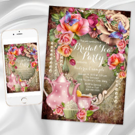 Invitación Fiesta de té nupcial con rosa vintage y perlas
