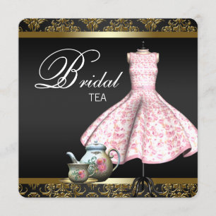 Invitación Fiesta de té nupcial de oro rosa y damasco negro