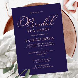 Invitación Fiesta de té nupcial en azul marino con dorado ros