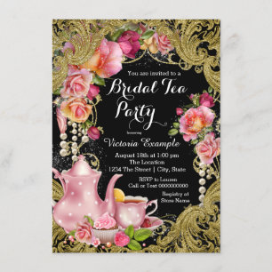 Invitación Fiesta de té nupcial en negro y dorado