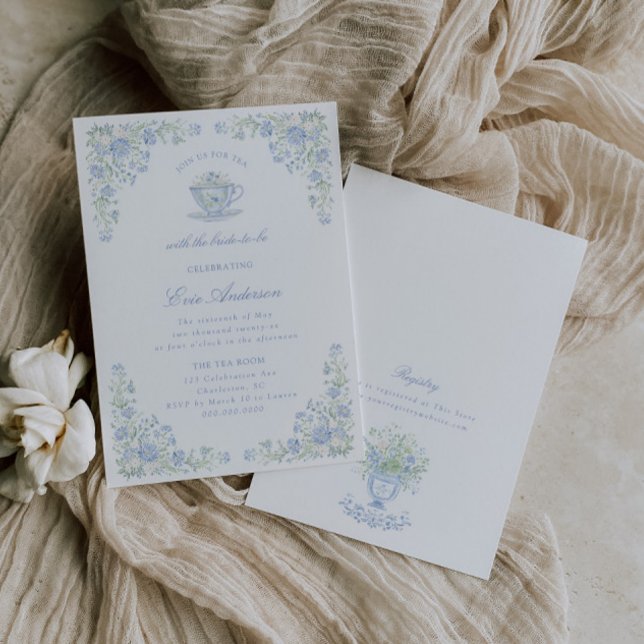 Invitación Fiesta de té nupcial floral azul (Subido por el creador)