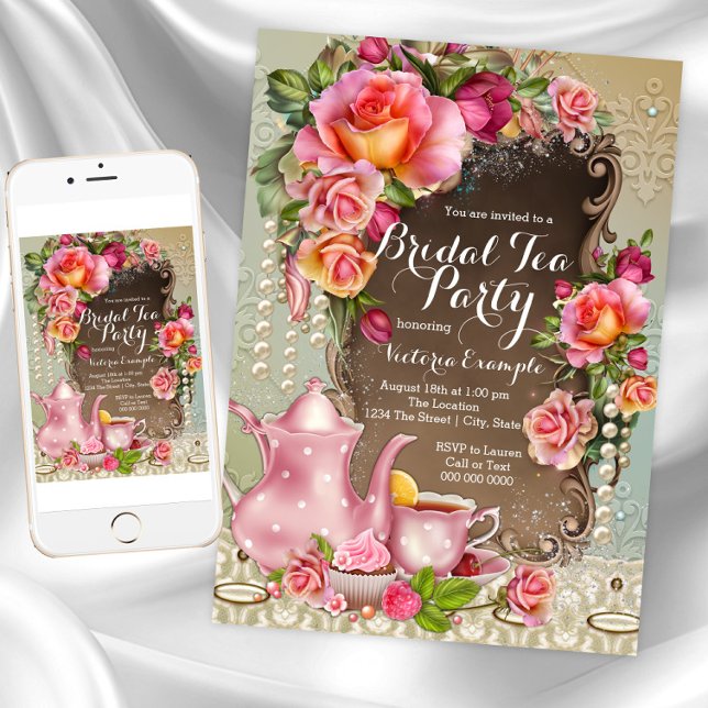 Invitación Fiesta de té nupcial Perla Rosa Pink (Beautiful Bridal Tea Party Invitation. Instant download and printed invitations available.)